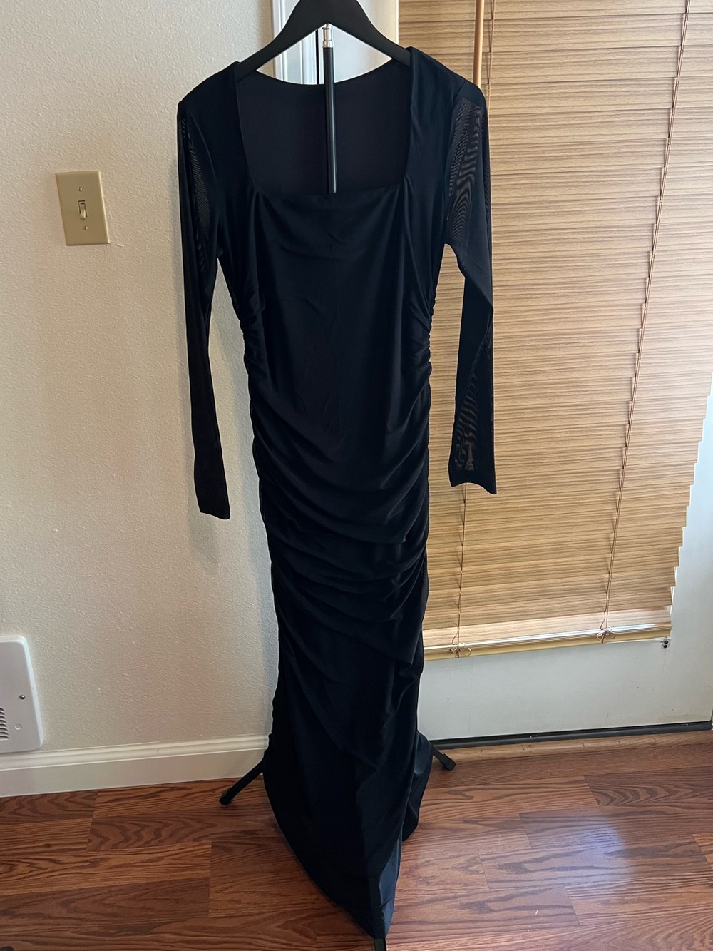 Black Long-Sleeve Ruched Maxi Dress by